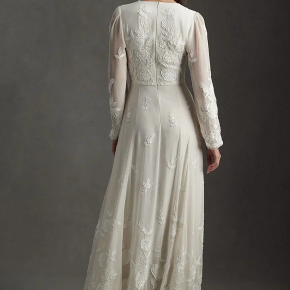 BHLDN Anthropologie Nassau DeepV Embroidered Side Slit Wedding Gown Ivory Size18 - Picture 7 of 11
